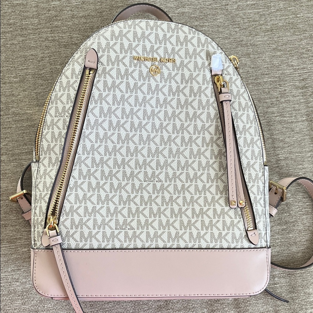 Michael Kors Cream and Pink Logo Backpack